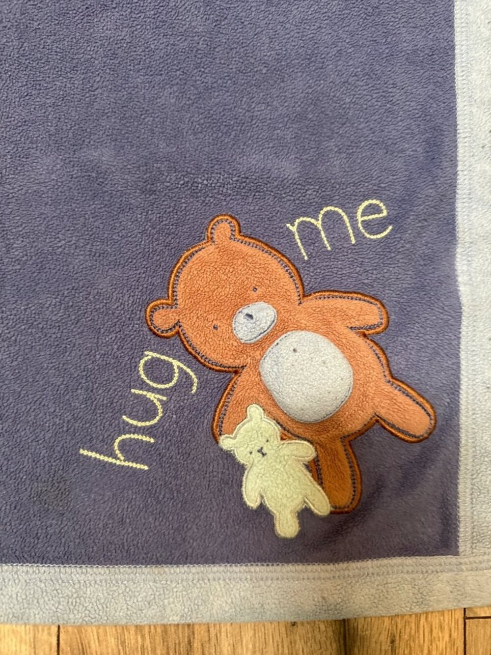 Carters 2000 All About A Bear Baby Blanket Purple With "Hug Me" Embroidery 33"x2
